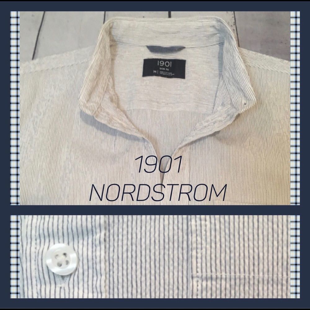 1901, Men’s Casual Short-sleeve Button Down in White & Blue Textured Stripes - Picture 2 of 7